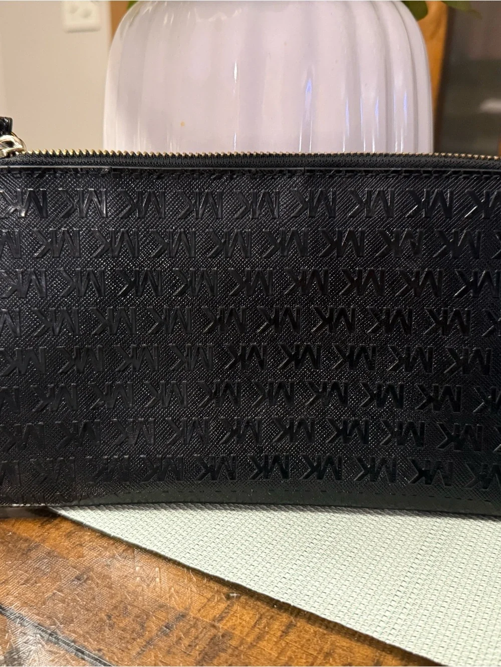 Michael Kors Black Embossed MK Zip Pouch with Gold Logo
